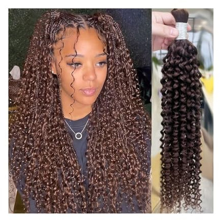 Sans nœuds Extensions de cheveux humains bruns en vrac for tresses, Remy Jerry Curly Boho Braids(1 Bundle 16 inch)