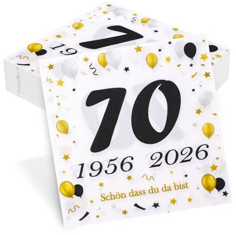 50 Stück Servietten 70. Geburtstag, Seutgjie 70 Geburtstag Deko 1956-2026 Jubiläum Tischdeko Schwarz Gold Party Gedeckter Tisch