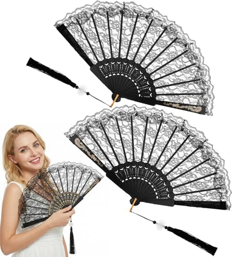 CIATBYYJ 2Pcs Fabric Folding Handheld Fans, Vintage Foldable Lace Fan for Women, Floral Embroidery Hand Fan with Gold Glitter & Tassels, Perfect for Weddings, Parties, Cosplay and Dancing