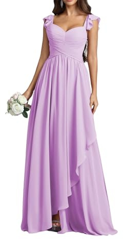HPPEE Vestido de dama de honor de gasa para mujer, con abertura, fruncido, acampanado, formal, vestido de noche para invitados de boda, Lila, 50 Grande