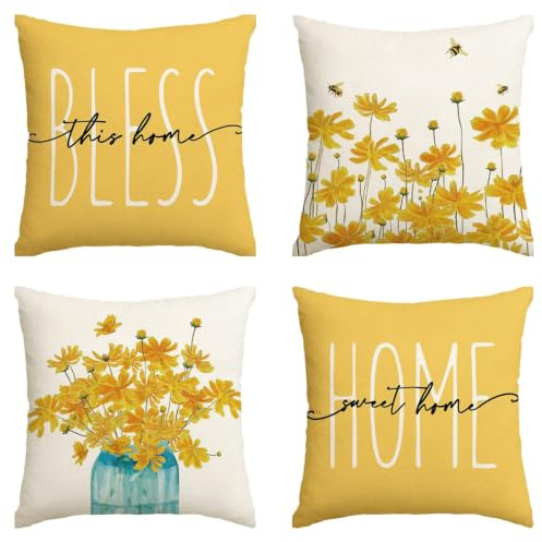 starfa lab 4er Set Outdoor Wasserabweisende Kissenbezüge 45x45cm, Leinen Gelbe Pflanzen Blumen Dekokissen, Moderner Naturstil für Wohnzimmer Sofa Garten Balkon