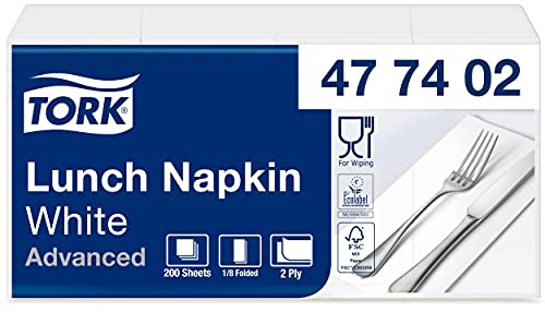 Tork 477402 weiße Lunchservietten 1/8 gefaltet / 2-lagige, vorgefaltete Papierservietten für Snacks oder kleine Gerichte / Advanced Qualität / 10 x 200 (2000) Servietten / 32,6 x 33 cm (B x L) | gefaltet / 2-lagige, vorgefaltete Papierservietten für Snacks oder kleine Gerichte / Advanced Qualität / Servietten