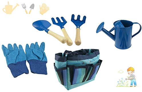 Winterworm Ensemble d'outils de Jardinage pour Enfants avec fourre-Tout à fourre-Tout à Fourche à râteau Gant pour Enfants Jardin Jouets (Bleu)