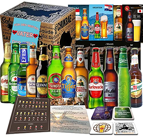 Vatertag Geschenkbox PAPA 12 x Biere der Welt/Geschenk für Vater, Mann, Männer, Papi Geburtstag,Geschenkidee, Geschenk Set für Ihn/Biertasting-Anleitung, 4x Bierdeckel, Produktbeschreibung