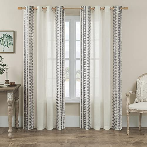 SEEKRIGHT - Cortinas de Lino con Ojales geométricos de celosía Gris Retro para Dormitorio - Ojales ondulados con Bordado Floral al Tacto Suave, 95 cm de Largo, Juego de 2 Paneles
