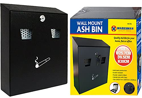 MARKSMAN Ash BIN Steel Ashtray LARGE Outdoor Pub, Club, Home, Office, Garden, Flat Cigarette Cigar Smoking Wall Mounted BLACK Lockable Heavy Duty With Keys UK FREE P&P