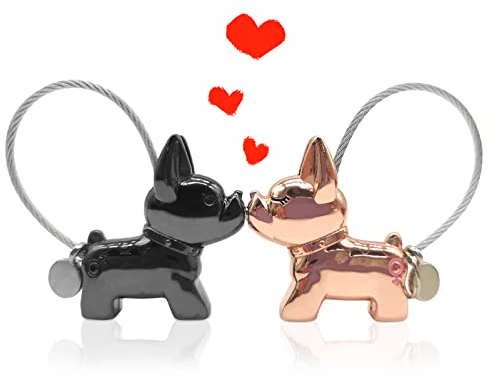 SwirlColor Schlüsselanhänger Pärchen Süßer Hund Schlüsselanhänger Magnetischer Liebes-Schlüsselanhänger mit Geschenkbox für Freund Freundin (Schwarz und Roségold), 6 x 6 cm