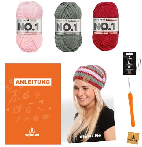 myboshi Häkelset Mütze Iga für Anfänger, inkl. No.1 Wolle, Häkelnadel, Wollnadeln, Anleitung, Label, Häkelpaket, 30% Merinowolle Anthrazit mit Häkelnadel