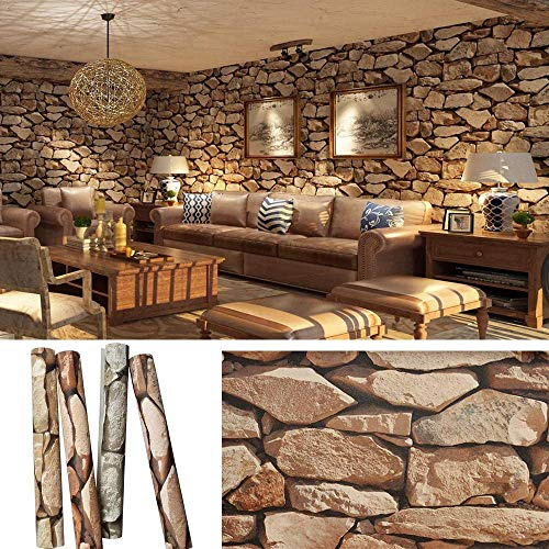 FOMEIL Rock Stone Wallpaper 374 X 20.8 Rustic Brick Retro Contact Paper 57 Sqft Decorative Wallpaper Wall Decoration for Bathroom Bedroom Kitchen Coffee Shops,Brown