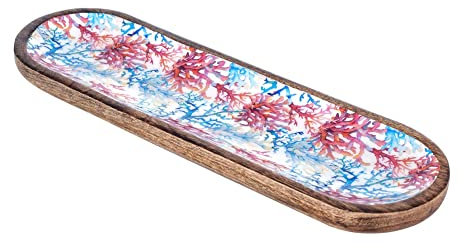 Bandeja de Madera de Manger: Tema Coral, Rojo y Azul, Longitud 46 cm