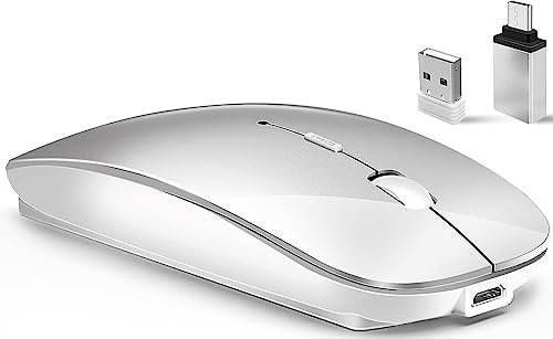 LEAPEST Wireless Bluetooth Mouse for MacBook Pro/Air/Mac/iPad/Laptop/Desktop/Mac/PC/Computer/Phone-Portable Slim Silent Office Mice with USB-C Adapter 2.4 GHz USB Mice (WhiteSilver)