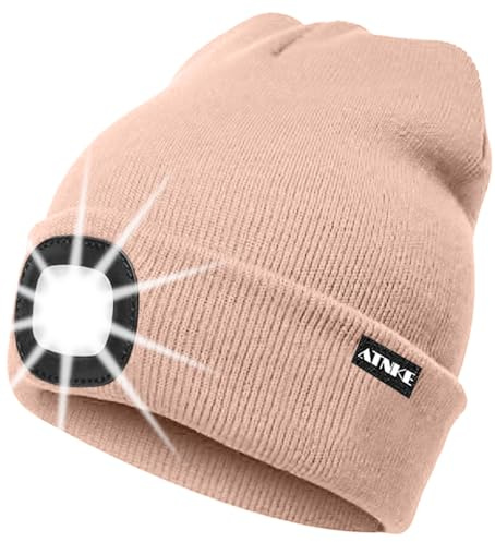 ATNKE LED Beleuchtete Mütze,Wiederaufladbare USB Laufmütze mit Licht Extrem Heller 4 LED Lampe Winter Warme Stirnlampe für Herren und Damen Geschenke