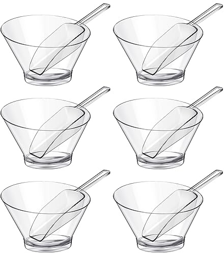 Sawysine 12 Pcs Plastic Clear Serving Bowls with Kitchen Plastic Scoops Salad Serving Bowls Popcorn Scoops Angled Candy Container for Salad Cooking Parties, 210 ml