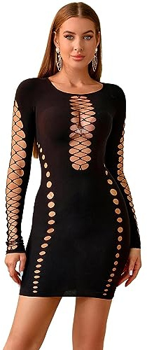 Walang sexiga nätunderkläder för kvinnor, ihåliga bodycon fisknät, outfit, långärmad, bodystocking, en del, festklänning, nattkläder, svart, XS-XXL