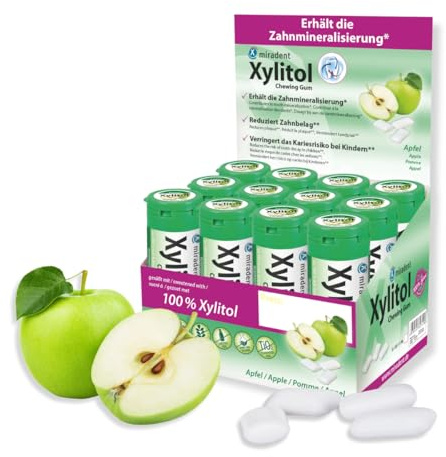 miradent Xylitol Zahnpflegekaugummi Apfel Display 12 St. | erfrischender Geschmack | zuckerfrei | vegan | kariespräventiv | für unterwegs