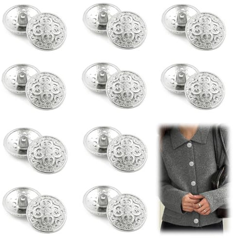 XCSJ 20 Stück Knöpfe Metall Vintage Metallknöpfe Ösenknöpfe Vintage Antike Blazer Knöpfe Rund Metallknöpfe für Mantel, Blazer,Hemd, Jacke,Uniform (Silber)