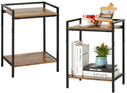 HDANI Beistelltisch Holz,Nachttisch Klein mit Stauraum,Couchtisch mit 2 Ablagen,Wohnzimmertisch aus Metall,Telefontisch Schmal für Wohnzimmer,Schlafzimmer, Balkon,40×30×55cm,Vintage Braun,2er Set