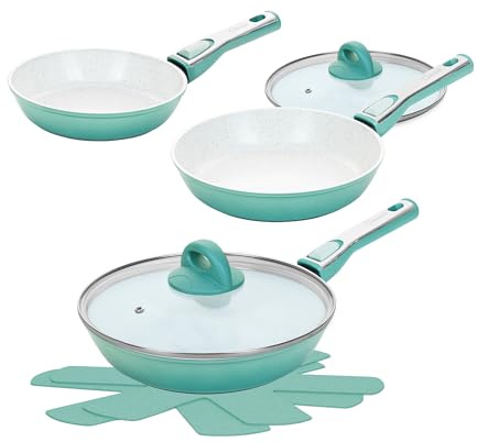 Cerafit Revolution - Juego de sartenes de 7 piezas de 20 + 24 + 28 cm, 2 tapas de cristal, inserto de cerámica, antiadherente, mango extraíble, apto para todas las cocinas, inducción, horno, lavable