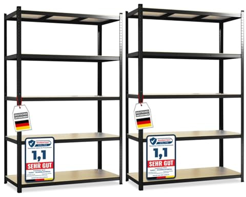 KARAT – Lot de 2 étagères Robustes Lakota pour Charges Lourdes – Étagères enfichables avec 5 tablettes réglables – Rayonnages en métal Idéal pour Cave ou Garage – Noir 150 x 75 x 30 cm