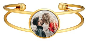 Supcare Gold Rund Foto Armband Personalisiert Öffnen Armband mit Gravur Damen Frauen Bilder Fotoarmbänder Kupfer Armband Armreif Gold Custom Memorial Armbänder Damenarmband Modeschmuck für Geburtstag