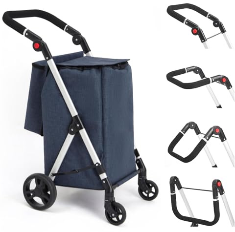 LEUYA ABC Chariot de Courses, 46L Chariot de Courses 4 Roues, avec Sac Isotherme, Poignées Réglables, Pliable, léger en Aluminium (Bleu)