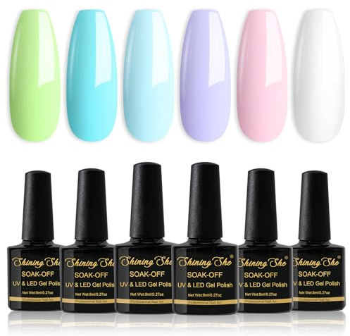 Shining She Pastell UV Nagellack Set,6 Farben Sommer Milchweiß Hellblau Zart Grün Hellrosa Hellviolett Gel Nagellack UV,Pastell Gellack Soak-Off UV Nail Polish Det Nailart DIY zu Hause,8ML