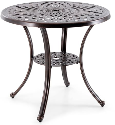 COSTWAY Trädgårdsbord med paraplyhål och nedre hylla, runt balkongbord av gjuten aluminium, väderbeständigt terrassbord för trädgård, balkong, terrass, 79 x 79 x 71 cm