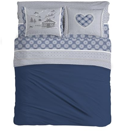 PENSIERI DELICATI Completo Letto Matrimoniale 100% Cotone, Completo Lenzuola Matrimoniali 180x200 Comprensivo di Lenzuolo sotto, sopra e 2 Federe, Made in Italy, Fantasia Chalet Blu