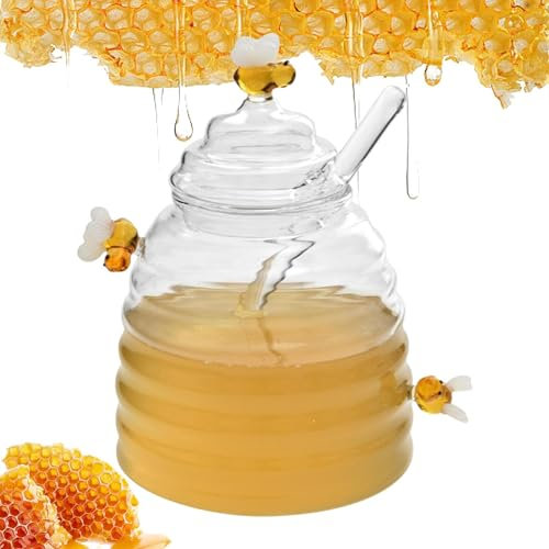 Honigbehälter – Honigglas aus Glas, Honigglas mit Dosierlöffel, gut verarbeitete Bienenstock-Honigschale, niedliches Glas-Honigglas mit Dipper und Deckel für Marmelade, Sirup, Küche, Honig, 10 x 9,5