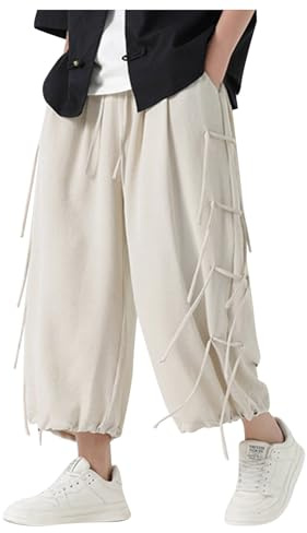 Mymyguoe Men's Ice Silk Hakama-Kung Fu Pants Japanese Harem Pants Yoga Pants Men Black Summer Large Japanese Harlan Pants Loose Straight Joggers, Beige., XXL