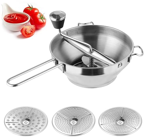 QUTBAG Passaverdure in Acciaio Inossidabile, Schiaccia Marmellata Manuale con 3 Dischi per Macinare, Schiaccia Patate con Manico Antiscivolo, per Salsa di Pomodoro, Salsa Mele, Purea, Purè Patate