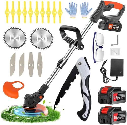 Decespugliatore a Batteria， 21V Tagliabordi a Batteria, Decespugliatore Elettrico con 2 2.0Ah Batterie e 3 Tipi di Lame, Altezza regolabile e testa girevole a 90°Per Il Taglio Di Giardini