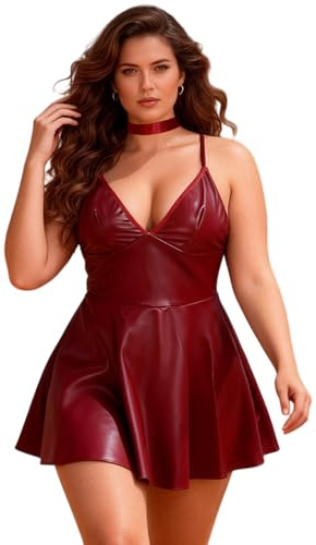 ohyeahlady PU Leather Lingerie Sets for Women UK 18 Plus Size Shiny Rave Outfits Sexy Babydoll Nightwear Mini Skirt Leather Dress Christmas Red Size 2XL