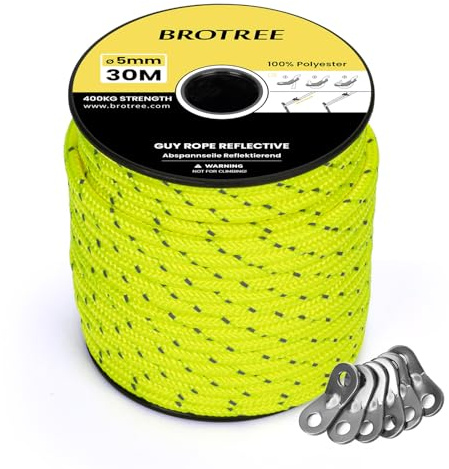 BROTREE Abspannseile Camping Zeltschnur 5mm 30m Zeltseil mit 6 Seilspanner | Reflektierend, Spule, Zelt, Camping, Sonnensegel, Vorzelt