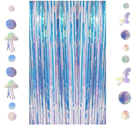 TPTGIAR Ocean Series Lametta Vorhang, Bunter Glitzervorhang, 1m X 2m Glitzer Vorhang Geburtstagsdeko, Meerjungfrau Deko Geburtstag mit Quallen- und Meerjungfrauenfransen für Party Deko
