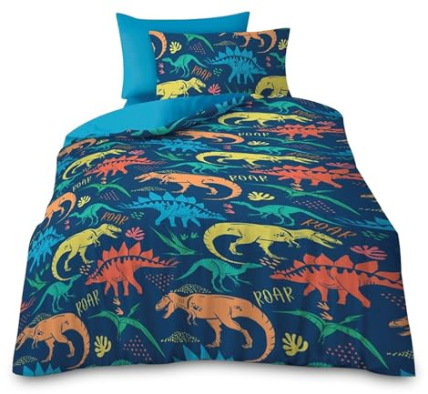 VELVETIO Easy Care Kids Duvet Cover Set with Pillowcase, 100% Microfiber Dinosaur Bedding Bedset Single Size, Soft Breathable Animal Comforter Quilt, Multi