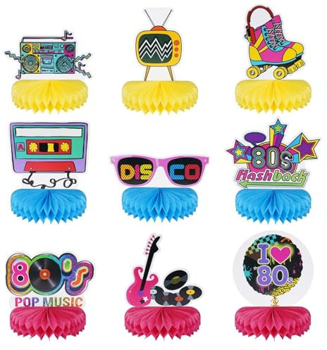 Minnhua 9 Piezas Decoración para Fiestas de 80s Decoraciones de Fiesta Centros de Mesa centro de mesa de panal de abeja de los años 80 Party Decorazioni Festa Anni 80 per Feste Retrò Decorazioni