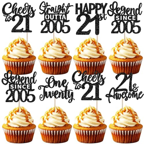 SYKYCTCY 24 Pack 21st Birthday Cupcake Toppers Glitter Legend Since 2005 Twenty One Straight Outta 2005 Cupcake Picks for Cheers to 21 Years Birthday Party Decorations Supplies