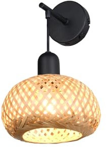 Wandleuchte mit Schalter & Korbgeflecht Lampenschirm aus Bambus, Höhe 30cm