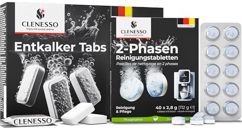 CLENESSO Power Pflegeset 2 Phasen Reinigungstabletten (40 Stück) + Entkalkungstabletten Kaffeevollautomat (50 Stück) – Kompatibel mit Jura, Siemens, Krups, uvm. – für optimale Pflege