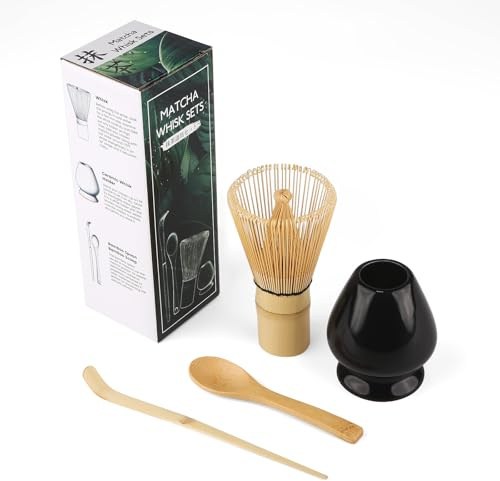 4 Fouet Coffret de Matcha traditionnels, matcha fouet, cuillère à matcha, Support de Fouet à Matcha, Convient aux débutants dans la cérémonie du thé kit matcha(Noir)