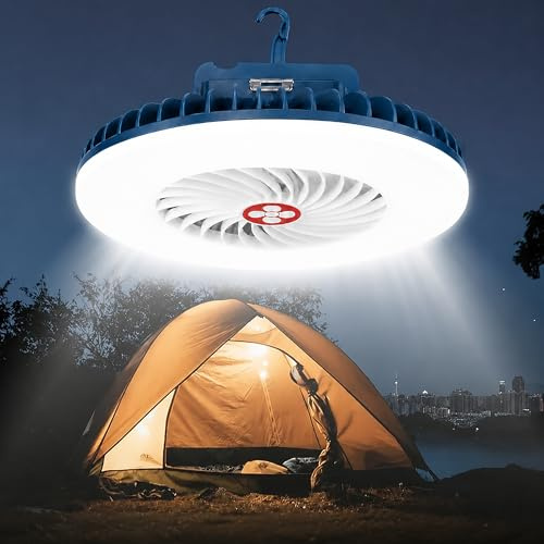 Shengruili LED Campinglampe mit Ventilator USB Aufladbar,Campingventilator,Camping Ventilator mit Lichtern Tragbar,2-in-1 Camping Ventilator mit Licht für Wandern Angeln Strand Wohnwagen Camper Auto
