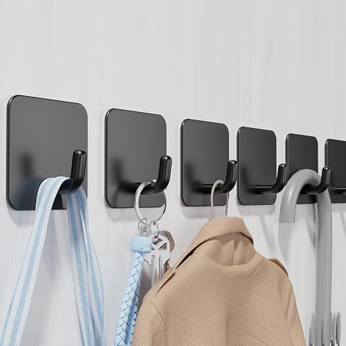 Aikzik 6 Pack Self Adhesive Hooks, Stainless Steel Sticky Hook Heavy Duty, Over 8kg Load - Hooks for Hanging for Towel, Coat, Key, Stick on Bathroom, Kitchen, Door and Wall, Black