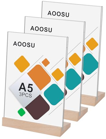 AOOSU Acryl Display Ständer, 3 Stück Tischaufsteller A5 mit Holzfuß, L-Ständer Aufsteller Doppelseitiger Vertikaler Tischaufsteller Menükartenhalter für Restaurants, Cafés, Büros, Fotos
