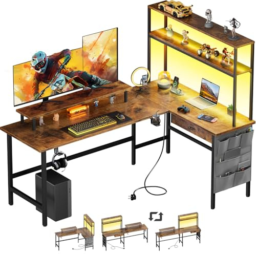 HLONONE L-format Gamingbord med LED & Höjdhylla, 170 x 100 cm, Vintagebrun | Reversibelt Hörnskrivbord med Förvaring & Låda, Spelbord med 3 Uttag & 3 USB-port, Ergonomiskt Monitorhylla, för Hemmakontor
