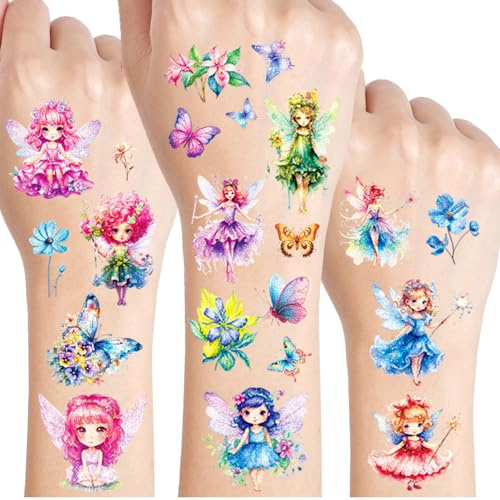 Fee Glitzer Tattoos für Kinder, 12 Blätter Blumenfee Temporäre Tattoos | Geschenke für Mädchen, Blumenfee Tattoos Glitzerglück Spiel für Kinder, Deko Kindergeburtstag