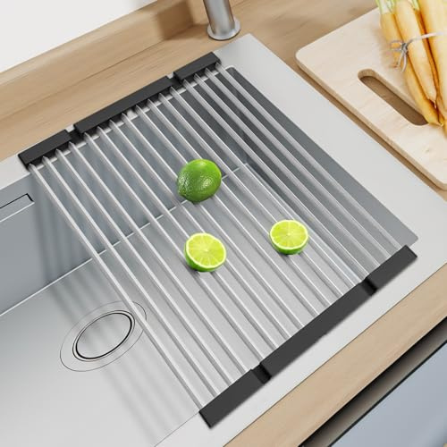 GAViA Scolapiatti da Appoggio, Scolapiatti Pieghevole in Acciaio Inox sopra il Lavello della Cucina, Organizer da Cucina Tappetino Scolapiatti per Frutta, Verdura, Tazze, Spugne