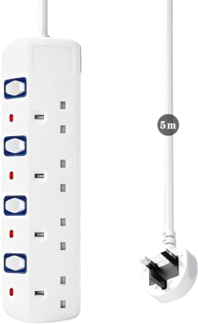 4 Way Extension Lead, 5 Metre Extension Lead With Separate switch | Wall-mountable Extension Lead 5M, 4 Gang Extension Lead 5M for Home, Bedroom, Office, White