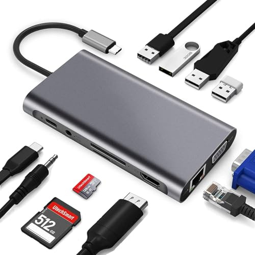 11-In-1 USB C Hub mit PD 100W, 4K HDMI, VGA, Ethernet, 1 X USB 3.0, 3 X USB 2.0, SD/TF Kartenleser, 3.5 mm Aux Ports für iPhone 16/15, iPad, Samsung, Mac, Laptop, Kompatibel für MacBook Pro/Air