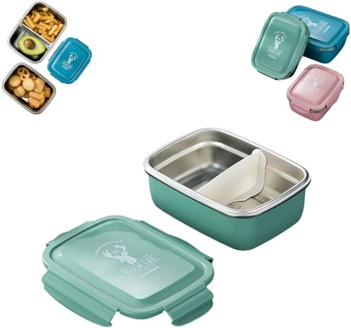Genérico Loncheras de acero inoxidable con compartimentos, cajas de desayuno de metal para adultos,Fiambreras (verde, 550ML)